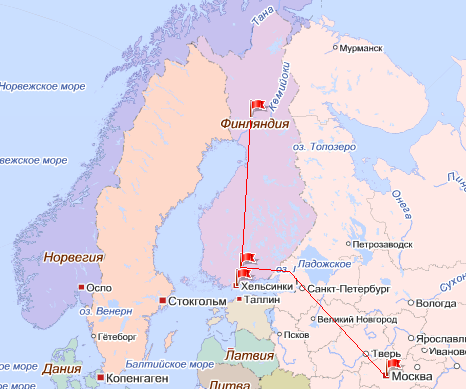 Карта путешествия из Москвы в Финляндию